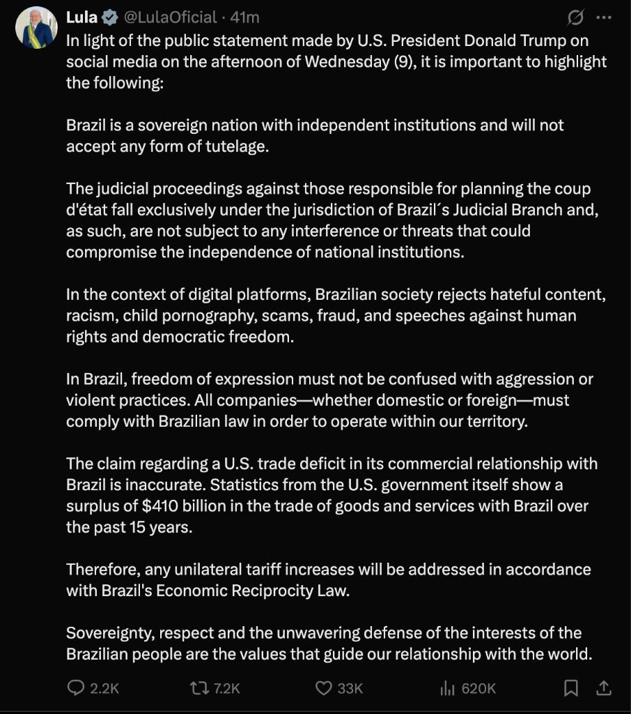 巴西总统卢拉:将“对等回应”美加征关税措施